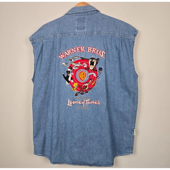 Vintage 90s Warner Bros Looney Tunes Men Embroidered Denim Vest Shirt XL Novelty - Picture 2 of 15